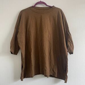 45R Global T Shirt Women One Size Brown Big Slit Top Crew Neck Embroidery Japan